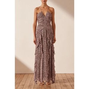 Shona Joy Cynthia Ruched Frill Fully Lined Chiffon Maxi Stunning Dress US 2 NWT